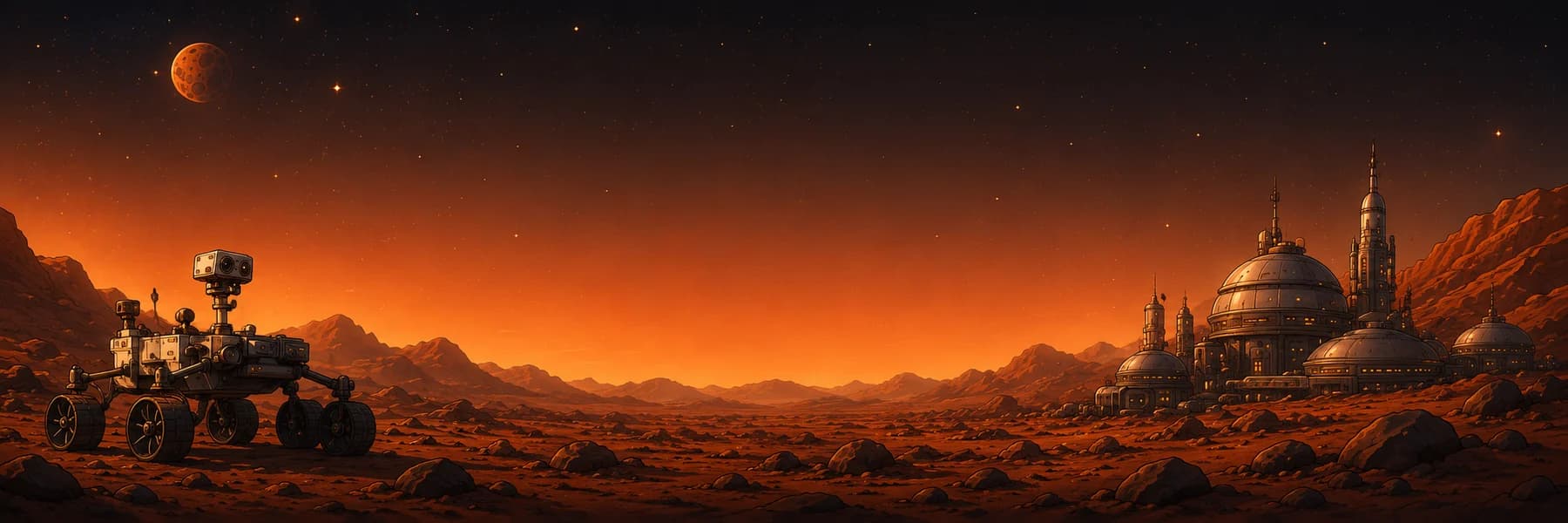 Mars rover and futuristic base across a wide Mars landscape
