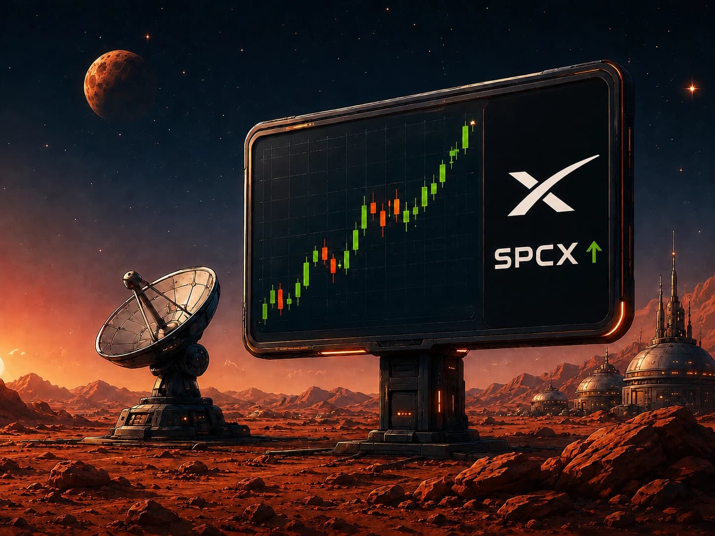 Stock market screen and satellite dish on Mars