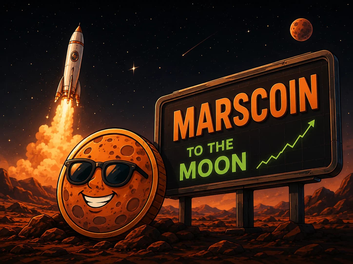 MarsCoin mascot beside a MarsCoin sign and launching rocket